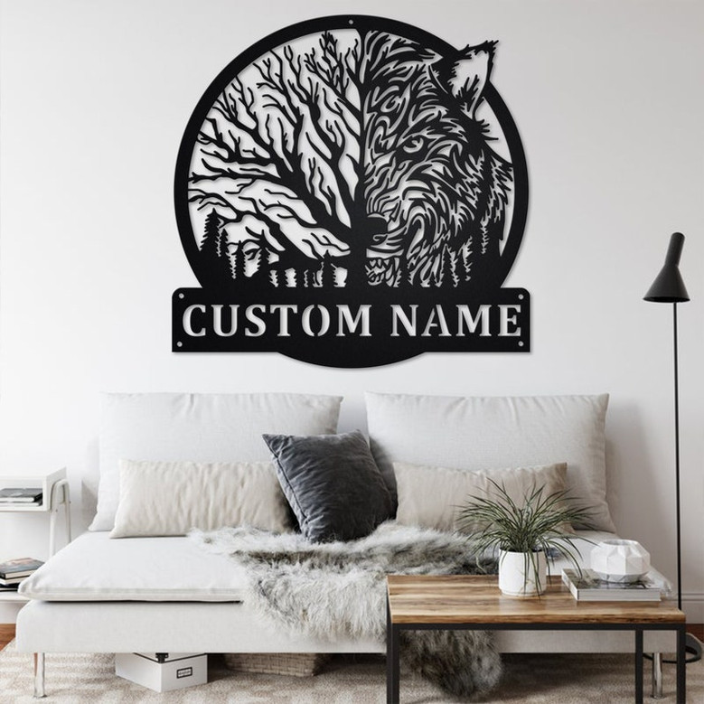 Custom Wolf Moon Metal Wall Art, Personalized Wolf Name Sign Decoration For Room, Wolf Moon Metal Home Decor, Custom Wolf Moon, Wolf Animals