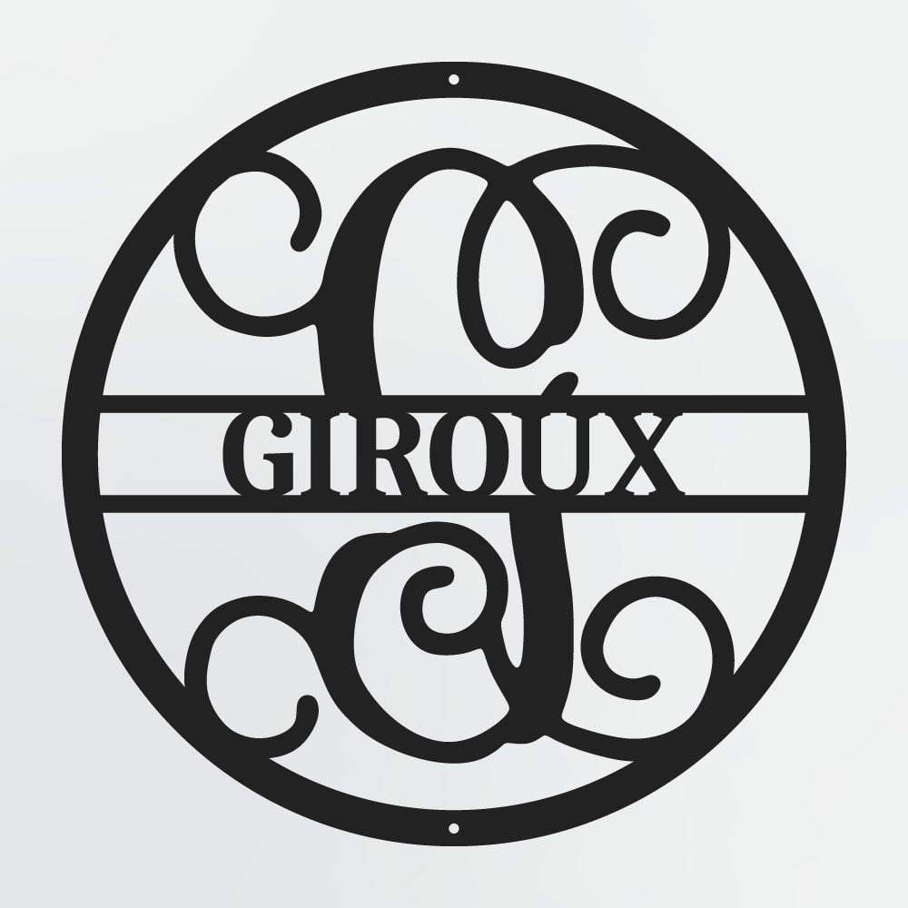 Curly Script Split Letter Monogram In Circle, Personalized Metal Family Name Sign
