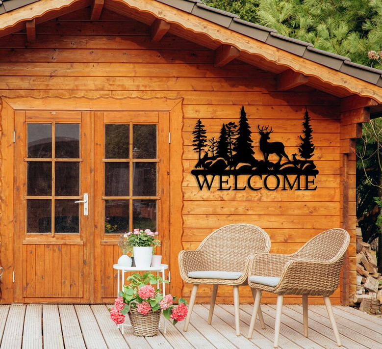 Deer Metal Welcome Sign, Large Nature Decor, Tree with Deer Entrance door Sign, Unique Home Decor