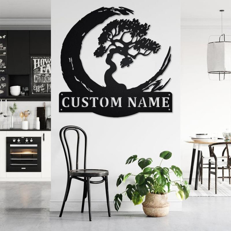 Custom Bonsai Tree Metal Wall Art, Personalized Bonsai Tree Name Sign Decoration For Room, Bonsai Tree Metal Home Decor