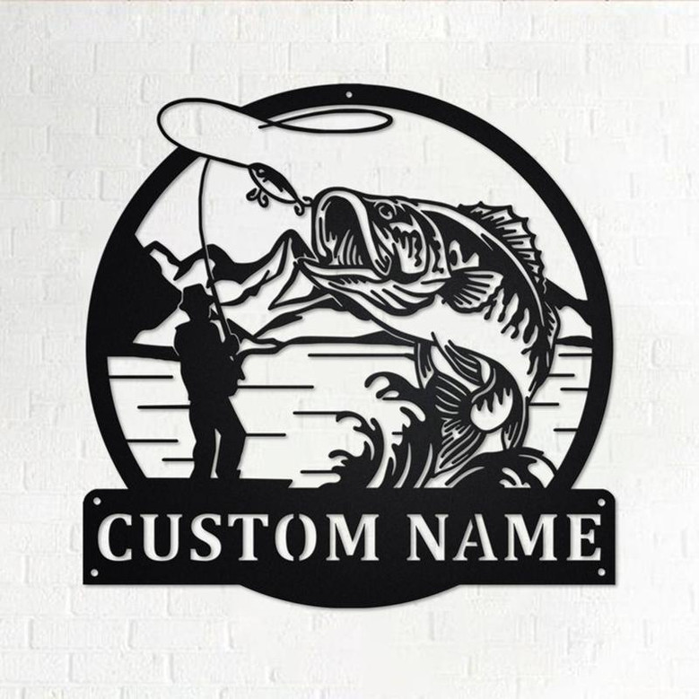 Custom Fisherman Bass Fish Metal Wall Art, Personalized Fisherman Name Sign Decoration For Room, Bass Fishing Metal Home Decor, Bass Fishing