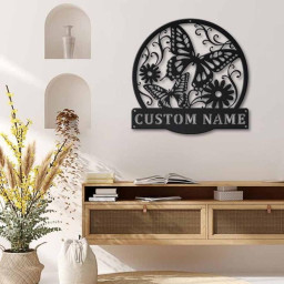 Personalized Butterfly And Flower Metal Sign Art | Custom Butterfly And Flower Metal Sign