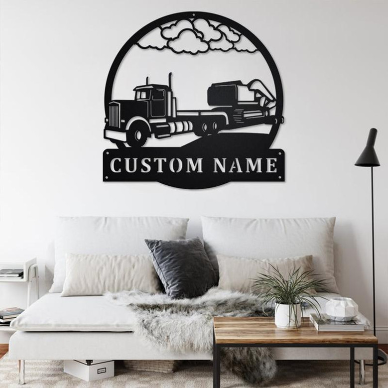 Custom Semi Excavator Truck Metal Wall Art, Personalized Truck Driver Name Sign Decoration For Room, Semi Excavator Truck Home Decor