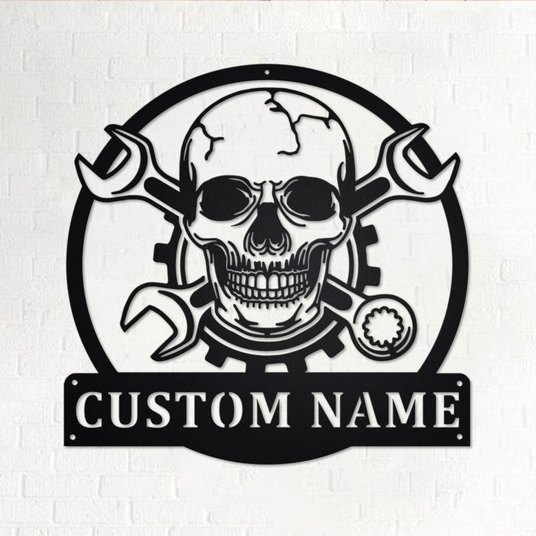 Custom Skull Mechanic Metal Wall Art, Personalized Mechanic Name Sign Decoration For Room, Mechanic Metal Home Decor, Custom Skull Mechanic