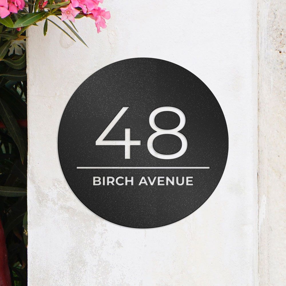 Circle Address Plaque With Custom House Number, Street Name, Personalized Solid Framed Metal Sign