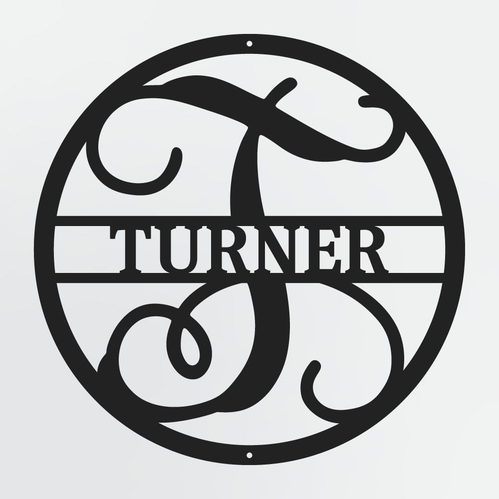 Curly Script Split Letter Monogram In Circle, Personalized Metal Family Name Sign