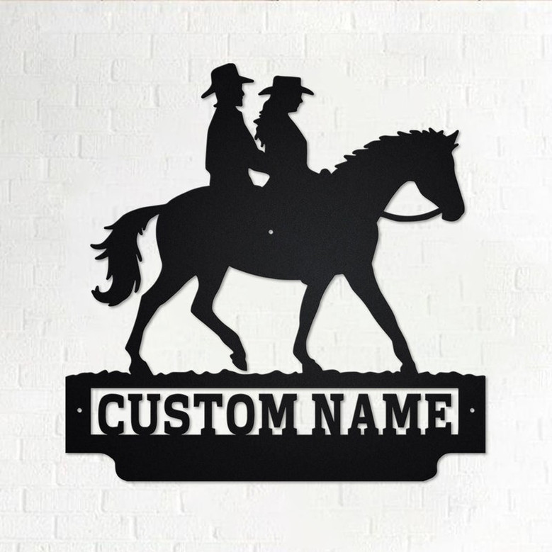 Custom Cowboy and Cowgirl Riding a Horse Metal Wall Art, Personalized Cowboy Name Sign Decoration For Room, Cowboy Home Decor, Custom Cowboy