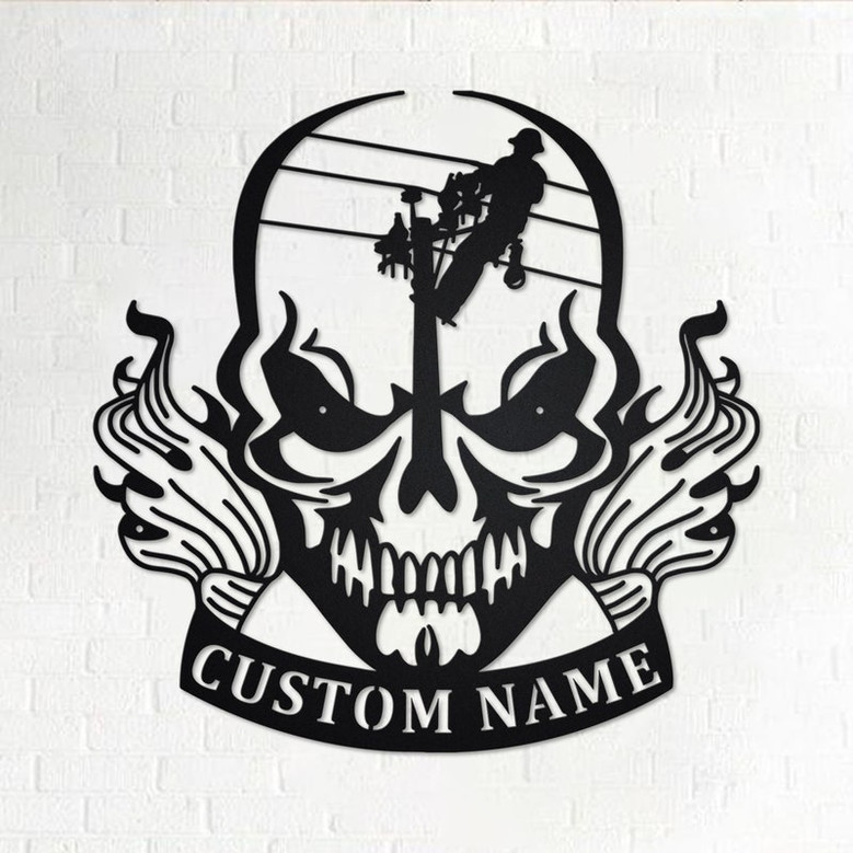 Custom Lineman Skull Metal Wall Art, Personalized Lineman Name Sign Decoration For Room, Lineman Metal Home Decor, Custom Lineman