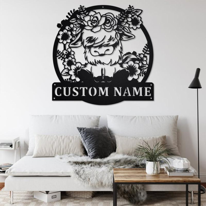 Custom Floral Highland Cow Metal Wall Art, Personalized Highland Cow Name Sign Decoration For Room, Highland Cow Metal Home Decor,Custom Cow