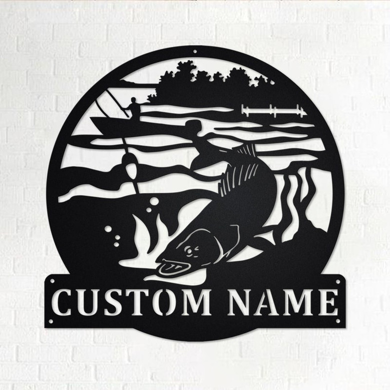 Custom Walleye Fishing Metal Wall Art, Personalized Walleye Fisher Name Sign Decoration For Room, Walleye Fishing Metal Home Decor, Walleye