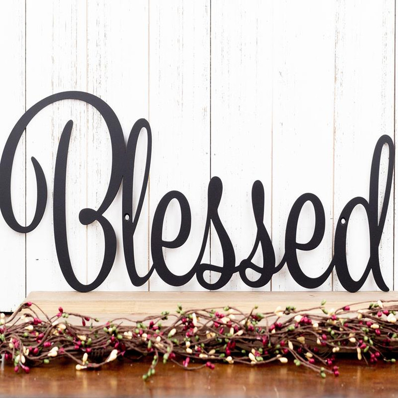 Blessed Sign Metal Wall Art Family Sign Wall Decor Farmhouse Sign Thankful Sign Gratitude Laser Cut Metal Matte Black Shown