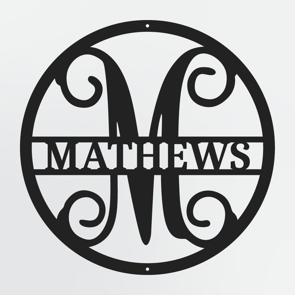Curly Script Split Letter Monogram In Circle, Personalized Metal Family Name Sign
