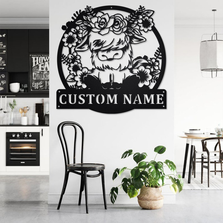 Custom Floral Highland Cow Metal Wall Art, Personalized Highland Cow Name Sign Decoration For Room, Highland Cow Metal Home Decor,Custom Cow