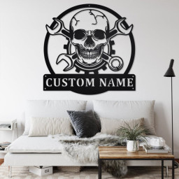 Custom Skull Mechanic Metal Wall Art, Personalized Mechanic Name Sign Decoration For Room, Mechanic Metal Home Decor, Custom Skull Mechanic