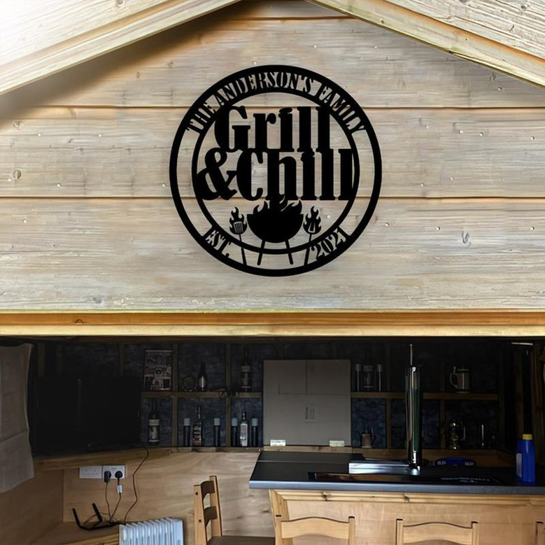 Personalized Backyard Bar & Grill Metal Wall, Custom Name Patio Metal Sign, BBQ Outside Decor