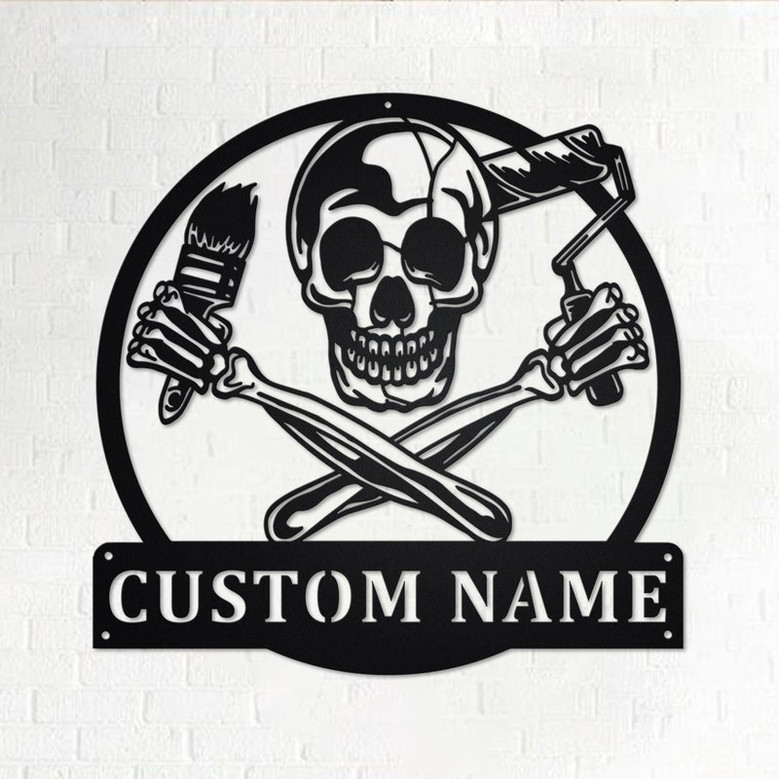 Custom Skull Painter Metal Wall Art, Personalized Painter Name Sign Decoration For Room, Painter Metal Home Decor, Custom Skull Painter