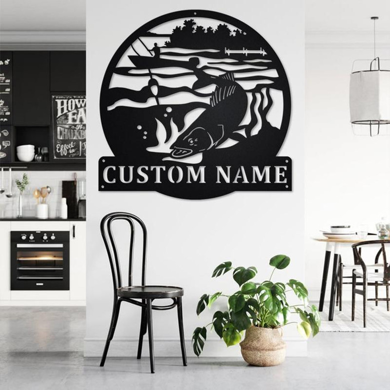Custom Walleye Fishing Metal Wall Art, Personalized Walleye Fisher Name Sign Decoration For Room, Walleye Fishing Metal Home Decor, Walleye