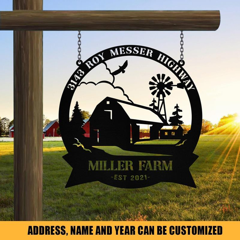 Personalized Metal Farm Sign Barn Windmill Monogram Custom Outdoor Farmhouse Entry Road Front Gate Wall Decor Gift