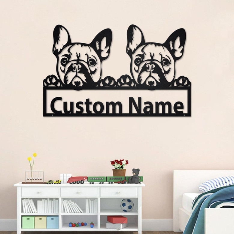 Custom Two French Bulldog Metal Wall Art, Personalized Two French Bulldog Name Sign Decoration For Room, French Bulldog Metal Home Decor