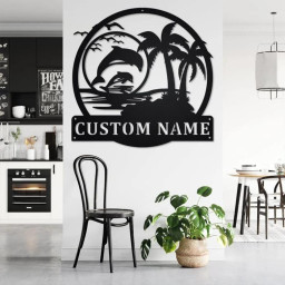 Custom Dolphin Beach Palm Tree Metal Wall Art Personalized Metal Name Sign Coastal Decoration for Lake or Beach House Family Outdoors Decor