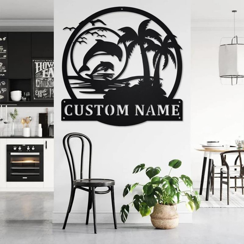 Custom Dolphin Beach Palm Tree Metal Wall Art Personalized Metal Name Sign Coastal Decoration for Lake or Beach House Family Outdoors Decor