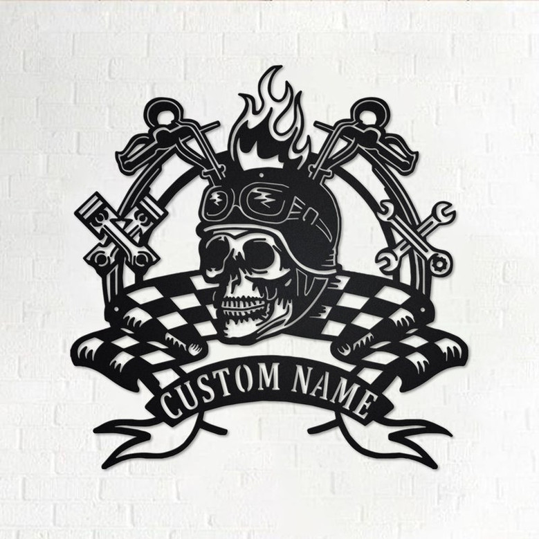 Custom Biker With Skull Metal Wall Art, Personalized Bike Name Sign Decoration For Room, Motorcycle Home Decor Motocross Rider, Custom Biker
