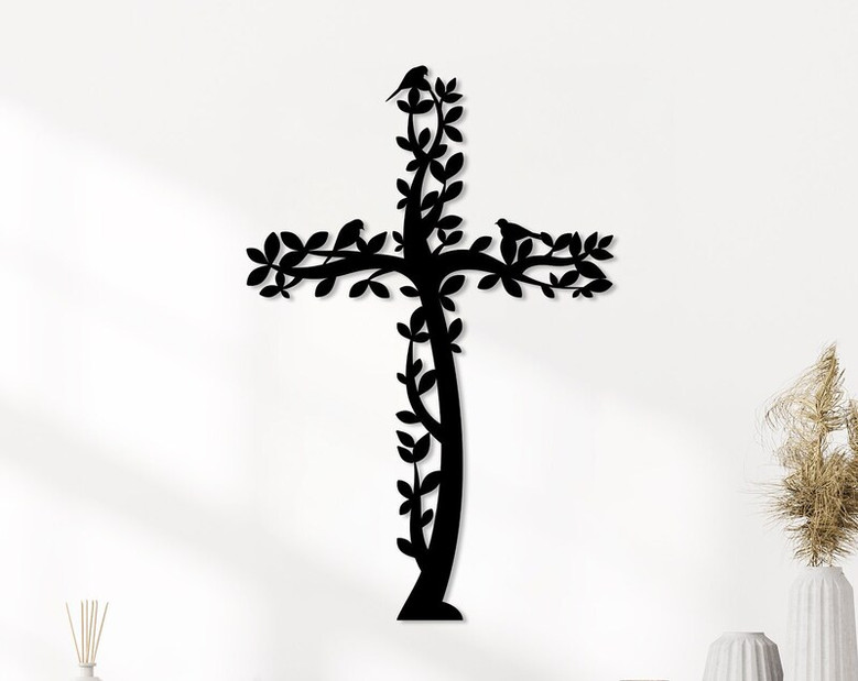 Cross Metal Wall Art, Tree and Birds Living Cross Hanging, Religious Home Accent, Jesus Metal Sign