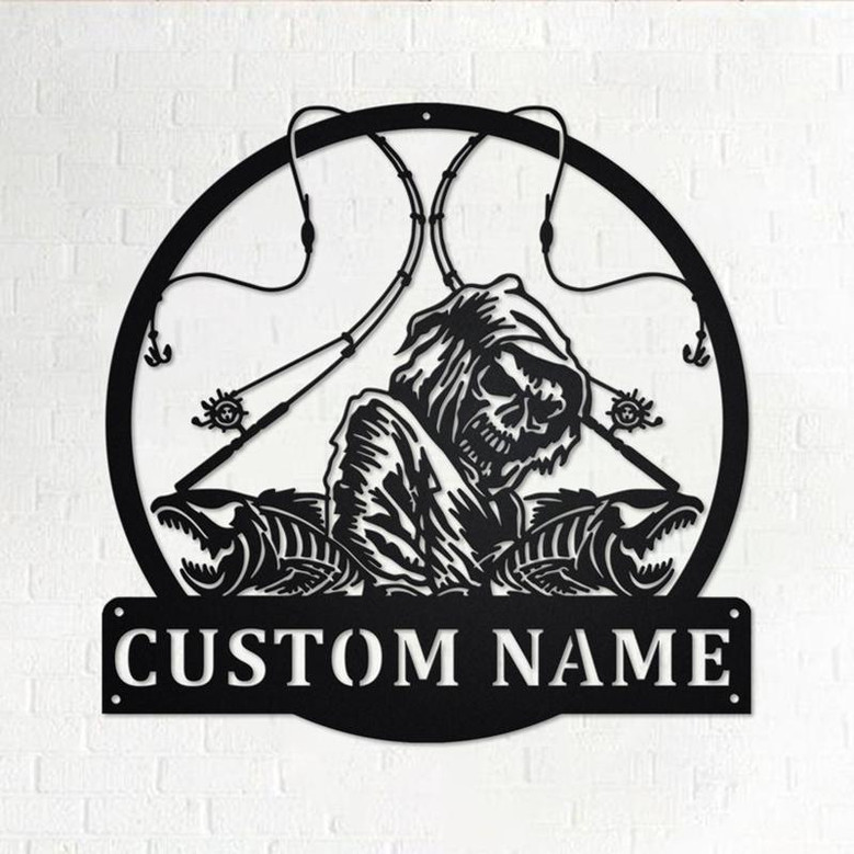 Custom Fish Reaper Skull Metal Wall Art, Personalized Fisherman Name Sign Decoration For Room, Fishing Metal Home Decor, Custom Fisherman