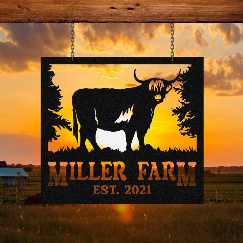 Personalized Metal Farm Sign Highland Cattle Cow Monogram Custom Outdoor Farmhouse Ranch Front Gate Wall Decor Art Gift