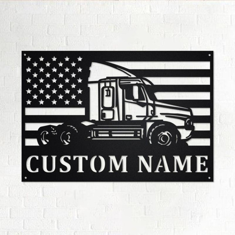 Custom US Flag Semi Truck Metal Wall Art, Personalized Semi Truck Name Sign Decoration For Room, Semi Truck Home Decor, Custom Semi Truck