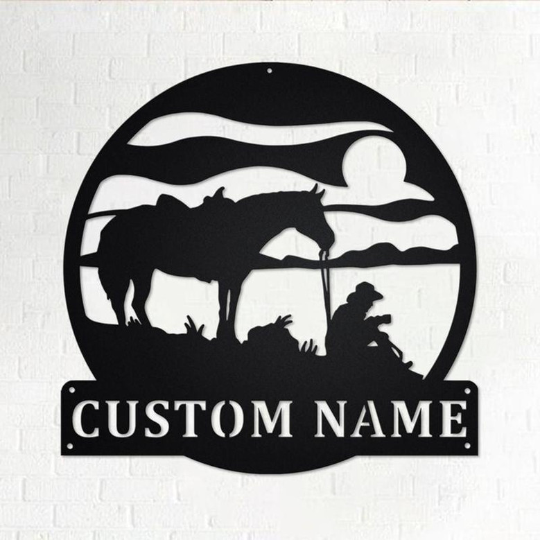 Custom Coffee Break Horse Cowboy Metal Wall Art, Personalized Horse With Cowboy Name Sign Decoration For Room, Horse With Cowboy Home Decor
