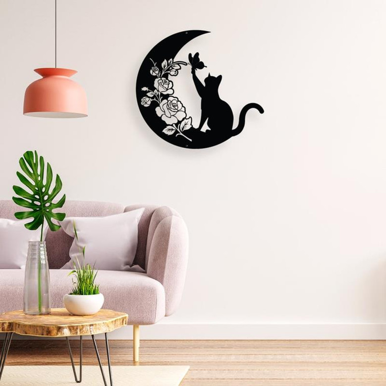 Cat and Moon Metal Wall Art, Cat Lover Gift, Animal Decor, Housewarming Gift, Moon Cat Metal Sign