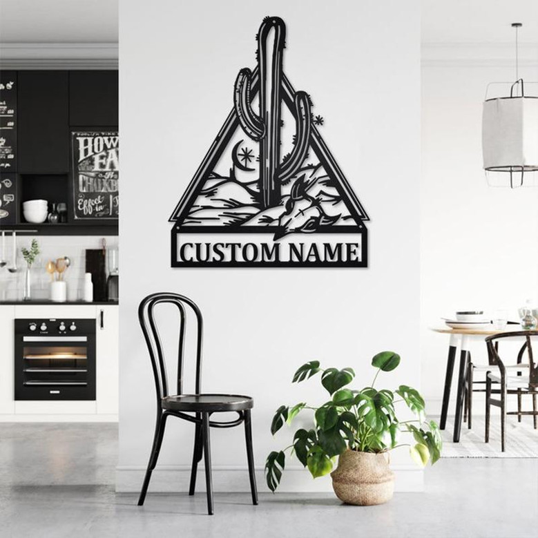 Custom Cactus With Cow Skull Metal Wall Art, Personalized Cactus Name Sign Decoration For Room, Cactus Home Decor , Custom Cactus