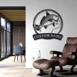 Personalized Atlantic Croaker Fish Pole Monogram Metal Sign Art Atlantic Croaker Metal Sign | Fishing Lover Sign Decoration For Living Room