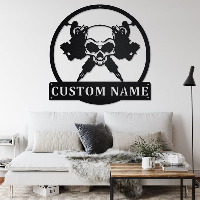 Custom Skull Tattoo Machine Metal Wall Art, Personalized Tattoo Artist Name Sign Decoration For Room, Tattoo MAchine Metal Home Decor, Tatto