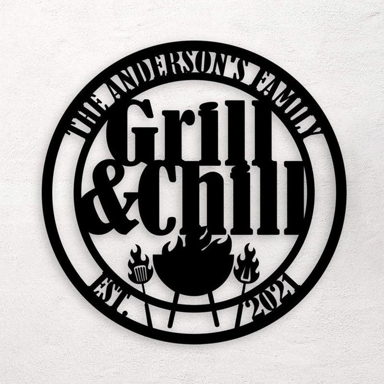 Personalized Backyard Bar & Grill Metal Wall, Custom Name Patio Metal Sign, BBQ Outside Decor