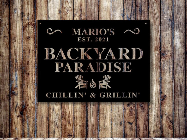 Backyard Paradise CustomMetal Wall Sign, Personalized Backyard Sign, Custom Barbeque Metal Sign
