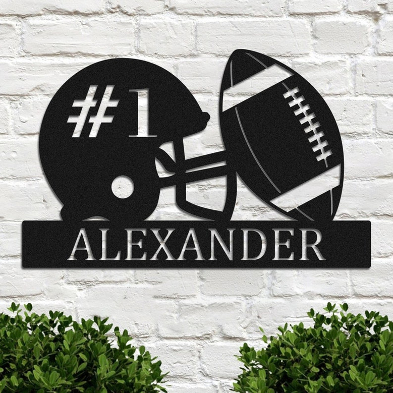 Personalized Football Name Metal Sign, Helmet With Football Metal Wall Art Decor, Custom Metal Sports Player Name Sign, Football Lover Gifts