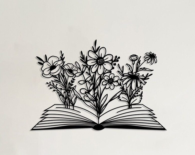 Book with Flower Metal Wall Decor, Flowers WallHangings, Boho Home Decor, Above Bed Decor