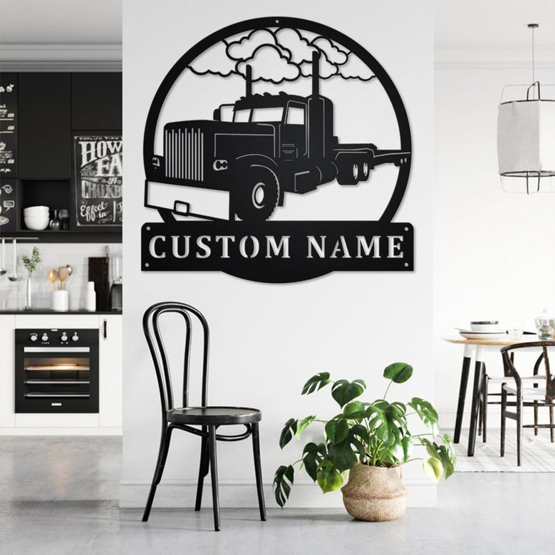Custom Flat Bed Semi Truck Metal Wall Art, Personalized Truck Driver Name Sign Decoration For Room, Bed Semi Truck Home Decor, Custom Truck