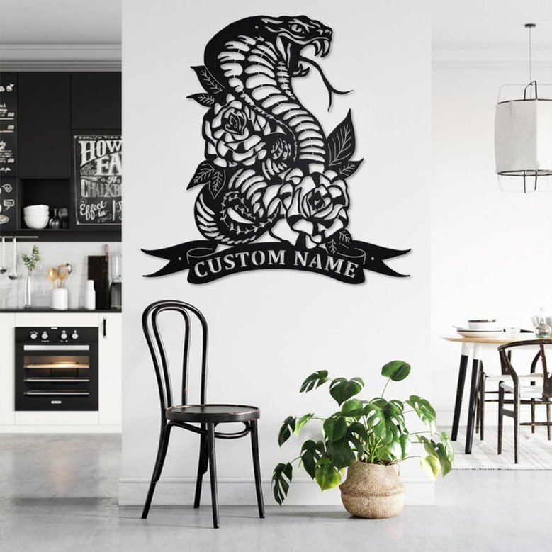 Custom Cobra Snake & Roses Metal Wall Art, Personalized Cobra Snake Name Sign Decoration For Room, Cobra Snake Home Decor,Custom Cobra Snake