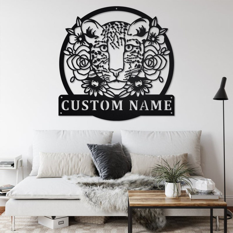 Custom Leopard With Flower Metal Wall Art, Personalized Leopard Name Sign Decoration For Room, Leopard Metal Home Decor, Custom Leopard