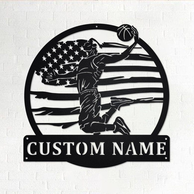 Custom US flag Basketball Player Metal Wall Art, Personalized Basketball Player Name Sign Decoration For Room, Basketball Metal Home Decor