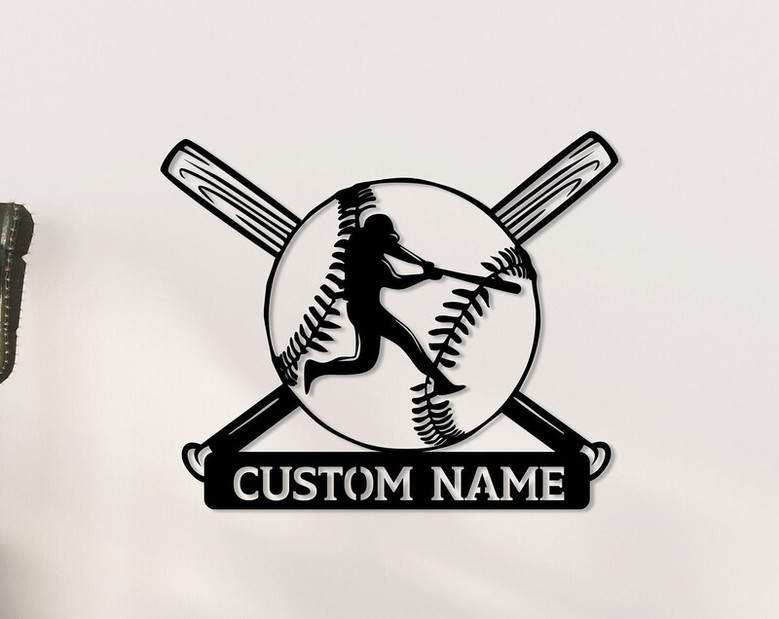 Metal Custom Name Baseball Wall Sign, Personalized Baseball Bat and Ball Wall Decor
