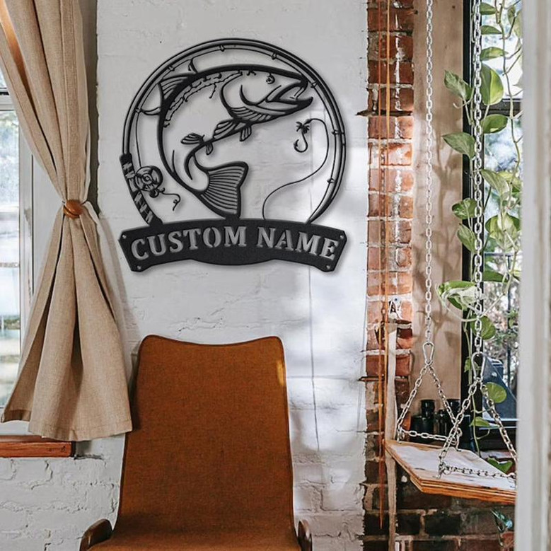 Personalized Rainbow Trout Fish Pole Monogram Metal Sign Art Rainbow Trout Fish Metal Sign Fishing Lover Sign Decoration For Living Room