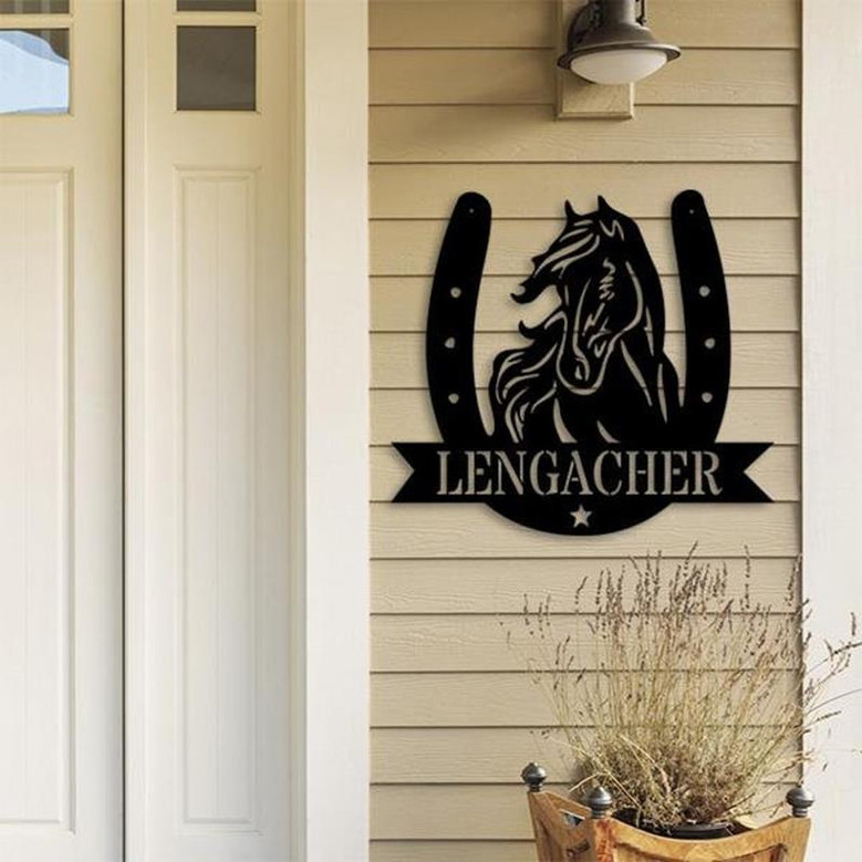 Custom Horse Head Horseshoe Monogram Metal Sign, Front Door Decor, Farm Decor, Housewarming Gift