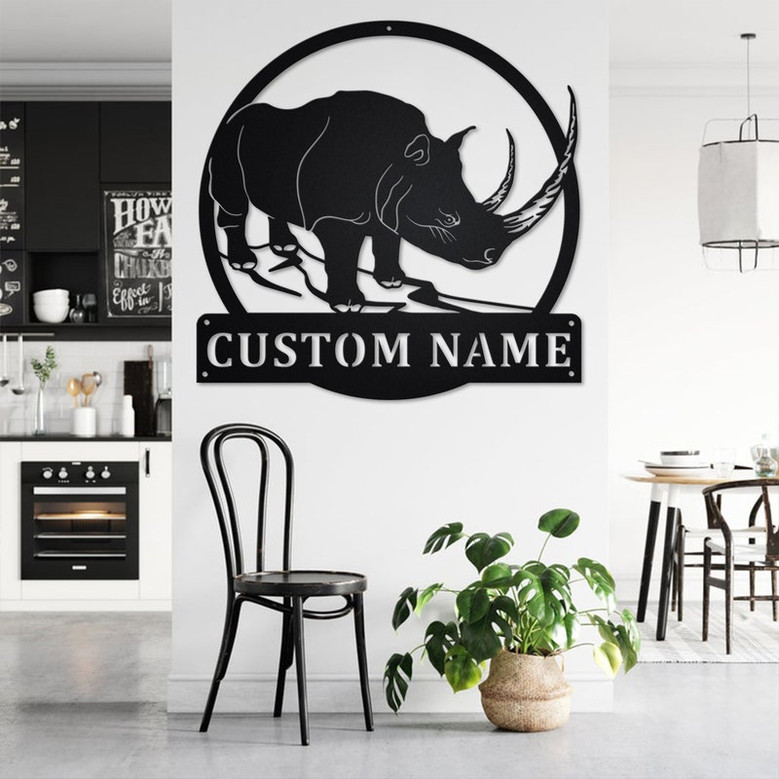 Custom Big Horn Rhino Metal Wall Art, Personalized Rhino Name Sign Decoration For Room, Rhino Metal Home Decor, Custom Rhino, Rhino Animals