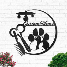 Custom Pet Grooming Salon Metal Wall Art, Personalized Groomer Name Sign Decoration For Room, Animals Hair Salon Home Decor