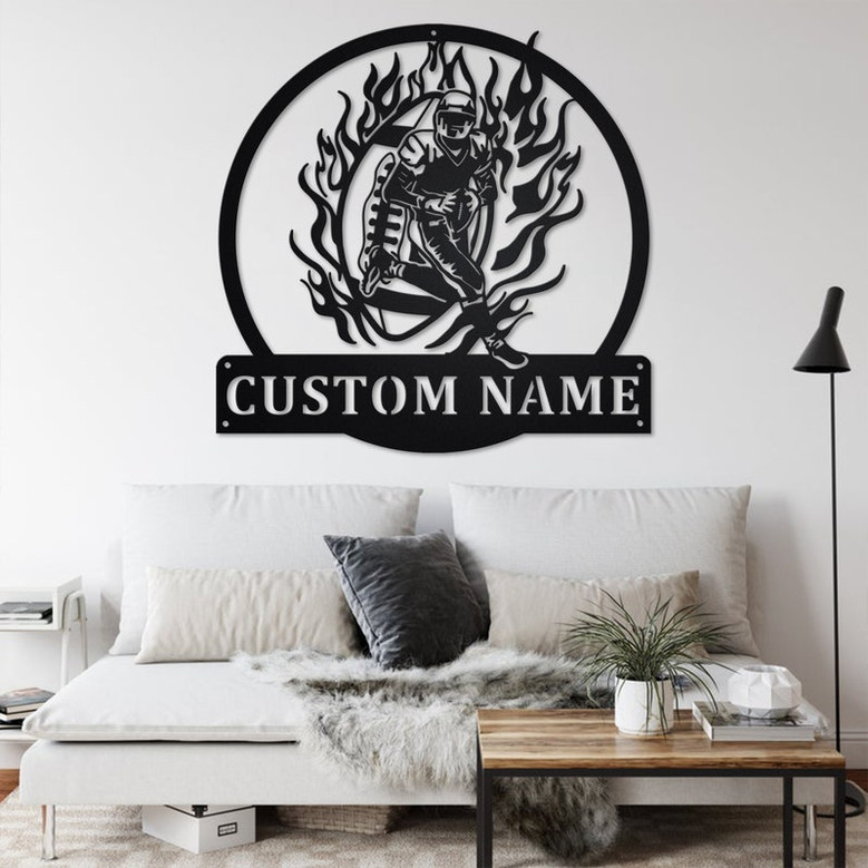 Custom Flaming Football Player Metal Wall Art, Personalized Football Player Name Sign Decoration For Room, Football Player Home Decor