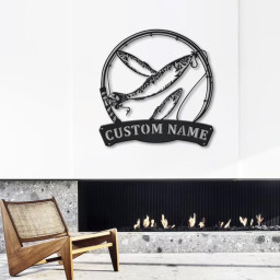 Personalized Sardine Fishing Fish Pole Monogram Metal Sign Art Custom Sardine Fish Metal Sign Fishing Lover Sign Decoration For Living Room